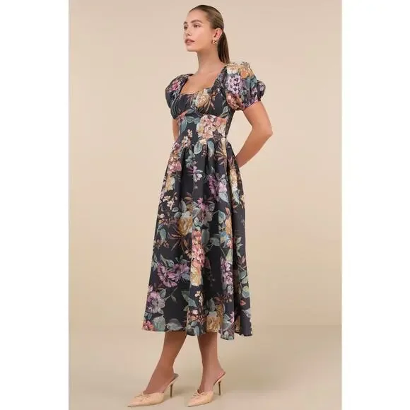 NWT Lulus Adorable Tendencies Dark Grey Floral Puff Sleeve Midi Dress Party XL - Picture 8 of 9